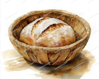 May include: A freshly baked loaf of bread sits in a woven basket. The bread is golden brown and has a slightly crusty exterior. The basket is made of natural materials and has a rustic appearance.