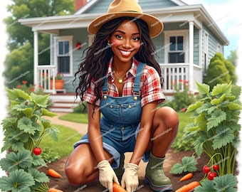 Watercolor Gardening Clipart: Black Homemaker Harvest Art (24 JPEGs)