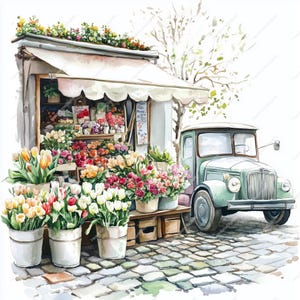Watercolor Flower Stand Clipart | Florist Stall Scene | Digital JPGs for Scrapbooking, Printable Stickers ELE