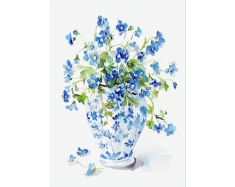 Forget me not Painting Floral Watercolor Chinoiserie Wall Art Flowers In Blue Vase Art Print Living Room Wall Decor
