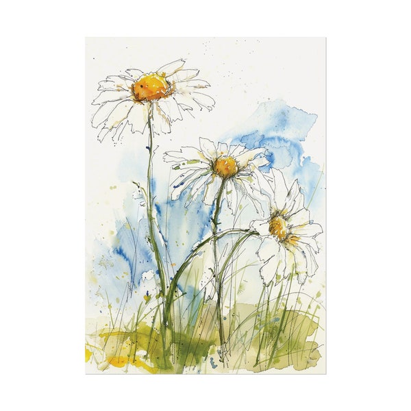 Daisy Watercolor Botanical Wall Art Wildflower Landscape Daisies Art Print Meadow Artwork Farmhouse Wall Decor