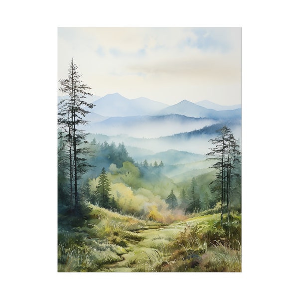 Smoky Mountains Painting Pine Trees Wall Art Print Misty Mountains Watercolor Tennessee Landscape