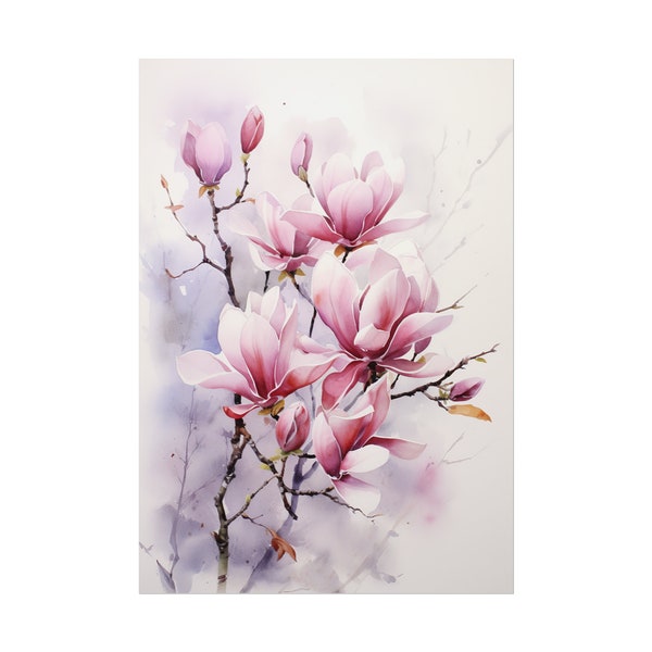 Magnolia Painting Floral Watercolor Pink Flowers Art Print Home Office Wall Decor