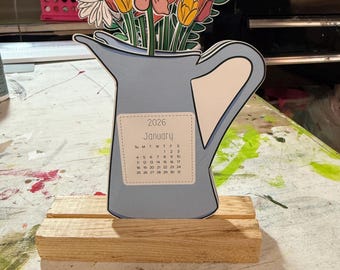 2026 Blumenvase Tischkalender - Handgefertigter Blumenstrauß Kalender mit Holzständer - Niedlicher illustrierter Monatskalender für Büro & Heimdekoration