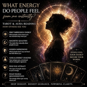 May include: An artistic graphic with the text "WHAT ENERGY DO PEOPLE FEEL" and "TAROT & AURA READING". It features a woman's silhouette, tarot cards, and a glowing aura. The image is designed to convey a sense of mystery and spiritual insight.