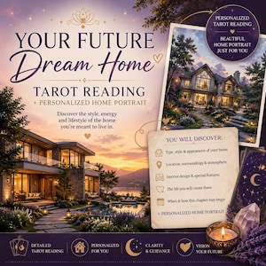 May include: A promotional graphic for a tarot reading service featuring the text YOUR FUTURE Dream Home TAROT READING + PERSONALIZED HOME PORTRAIT. The design includes images of luxury houses at sunset, a list of features, and tarot card imagery.