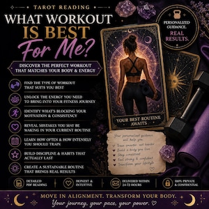 May include: Tarot reading graphic with the text "What Workout Is Best For Me?" and a woman holding a yoga mat. The image includes a dumbbell, a purple yoga mat, and a card with the words "Your Best Routine Awaits."