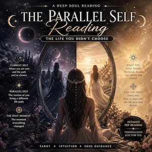 Peut inclure: Image promotionnelle pour "The Parallel Self Reading". Elle présente une femme en robe blanche devant un miroir reflétant deux versions d'elle-même. Le texte comprend "Tarot", "Intuition" et "Guidance de l'âme".