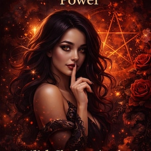 Peut inclure: Illustration numérique d'une femme aux cheveux et aux yeux sombres, un doigt sur les lèvres, avec le texte "Your Dark Feminine Power" et "Lilith Shadow Analysis". L'arrière-plan est un mélange flamboyant de rouge et d'orange avec des roses.