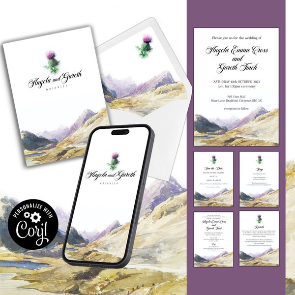 Highlands Wedding Invitations Editable Digital Download, Mountain Watercolour, with Thistle Design, Scottish Influence painting of the hills