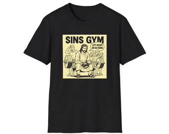 Sins Gym weightlifting illustration T-Shirt | Jesus lifting barbell, faith workout design