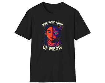 May include: Black t-shirt featuring a graphic design with a split face of a woman and a cat. The design is in shades of red, blue, and purple, with the text "WOW TO THE POWER OF MEOW" in white.