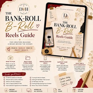 May include: A digital marketing guide titled The Bank-Roll B-Roll Reels Guide displayed on a tablet screen. The guide features text, icons, and a list of content ideas. The background includes a gold pen, paper notes, and a small camera icon.