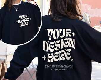 Gildan 18000 Front Back Black Mockup Oversized Black Mockup Words on Back Hoodie Mockup Black 18000 Gildan Crewneck Street Mock Back Outdoor