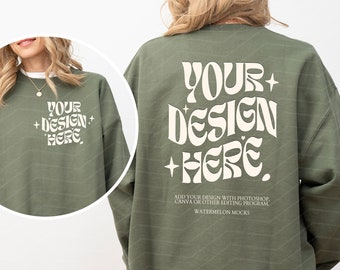 Vorne und Hinten Gildan 18000 Military Green Mockup Vorne Hinten Military Green Sweatshirt Mockup Oversized Green Modell 18000 Gildan Crewneck