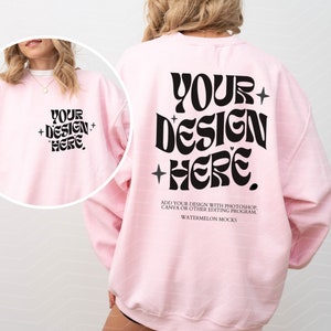 Front and Back Gildan 18000 Back Front Pink Sweatshirt Mockup Oversized Light Pink Hoodie Mockup 18000 Gildan Light Pink Crewneck Mock up