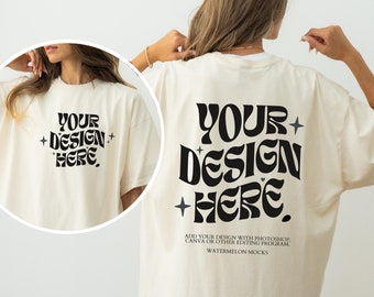 Comfort Colors Front and Back Ivory C1717 Ivory Mockup Print on Back Oversized Tshirt Model Mockup Gildan Natural Mockup 3001 Beige t-Shirt