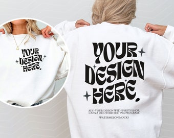 Gildan 18000 Front and Back White Mockup Oversized White Sweater Mockup Words on Back Mockup White 18000 Gildan Crewneck Trendy Mock Mockup