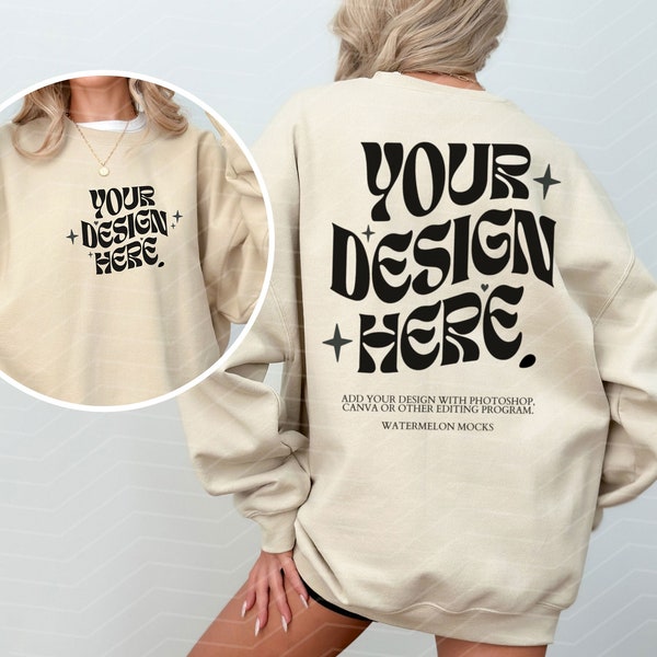 Gildan 18000 Front and Back Sand Sweatshirt Words on Back Mockup Oversized Sand Hoodie Mockup Model Sand Mockup Trendy Mock Aesthetic Mockup