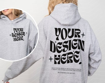 Front and Back Gray Gildan 18500 Sport Grey Gildan Hoodie Mockup Front Back Heather Grey 18500 Hoodie Mockup Oversized Hooded Model Mock up