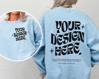 Gildan 18000 Front and Back Blue Mockup Blue Sweatshirt Mockup Oversized Sweater Light Blue Mockup Model Mockup 18000 Gildan Light Blue Mock