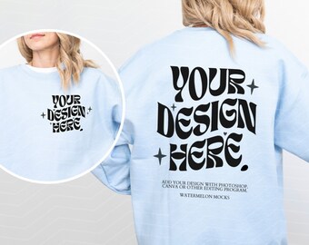 Front and Back Gildan 18000 Light Blue Mockup Front Back Light Blue Sweatshirt Mockup Oversized Light Blue Model 18000 Gildan Crewneck Mock