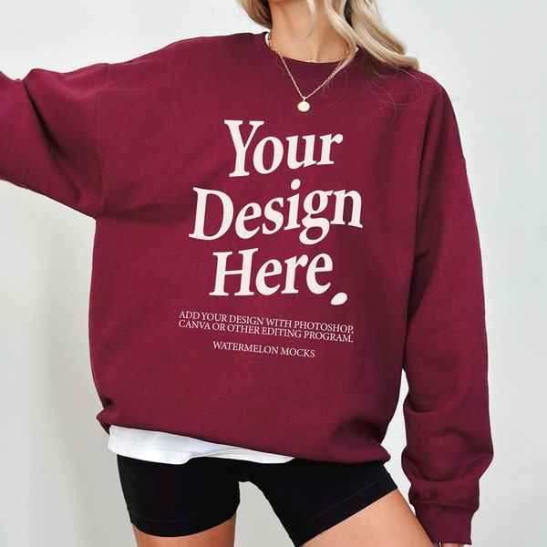 Gildan 18000 Maroon Mockup Maroon Sweatshirt Mockup Oversized Maroon Hoodie Mockup Model 18000 Gildan Maroon Mock Crewneck Trendy Mock Up