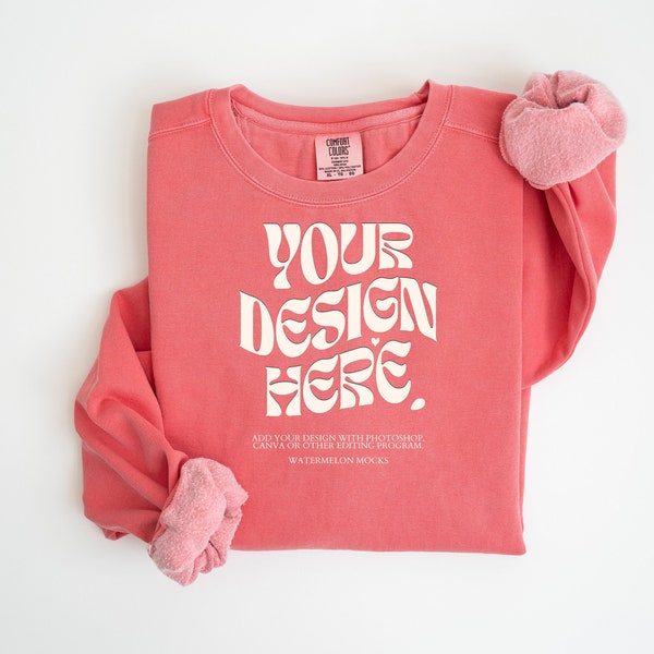 Comfort Colors 1566 Watermelon Mockup Comfort Colors Watermelon Folded Sweatshirt Mock up Pink Flat lay Mockup Comfort Colors Sweatshirt