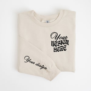 Sleeve Gildan 18000 Sand Mockup Gildan Sand Sweatshirt Flat Lay Mockup Folded Sweatshirt Mockup Sand Gildan 18000 Flatlay Crewneck Mockup