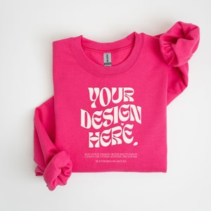 Gildan 18000 Heliconia Mockup Gildan Heliconia Sweatshirt Flat Lay Mockup Folded Sweatshirt Pink Mockup Gildan 18000 Flatlay Crewneck Mockup