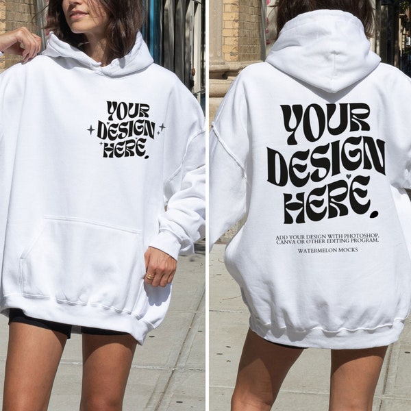 White Hoodie Front Back Mockup Gildan 18500 White Back Mockup Oversized White Mockup Words on Back Street Mockup White 18500 Gildan Hoodie