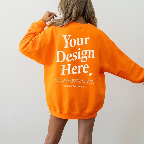 Back Orange Sweater Mockup Gildan 18000 Mockup Print on Back Gildan Orange Sweatshirt Mockup Stock Photography SVG Mockup JPG Model Mockup