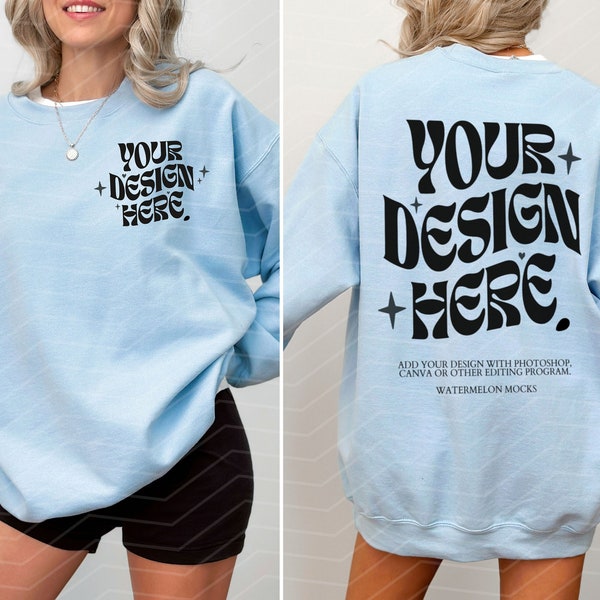 Front and Back Gildan 18000 Light Blue Mockup Blue Sweatshirt Mockup Oversized Sweater Blue Mockup Model Mockup 18000 Gildan Light Blue Mock