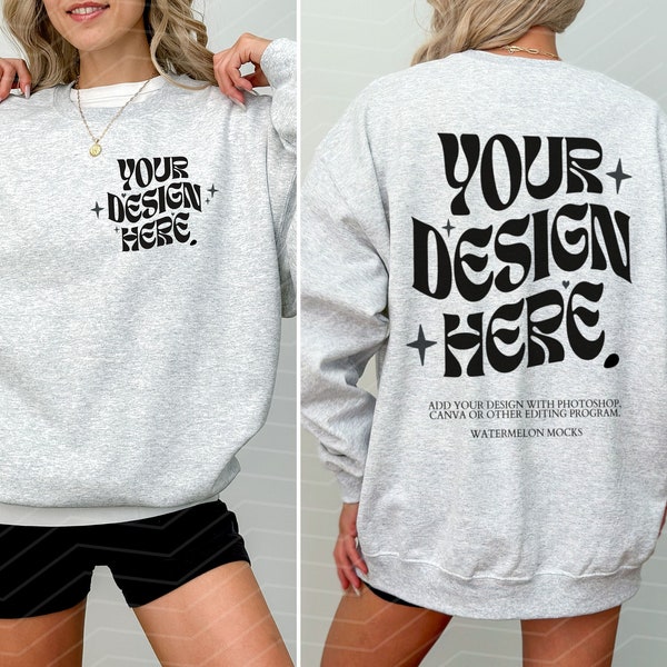 Gildan 18000 Front and Back Ash Mockup Ash Front Back Sweatshirt Mockup Oversized Mockup Ash Sweater Mockup Heather Grey 18000 Gildan Mockup