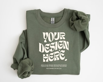 Gildan 18000 Military Green Mockup Gildan Military Green Sweatshirt Flat Lay Mockup Folded Sweatshirt Mockup Gildan 18000 Flatlay Crewneck