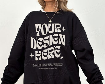 Black Gildan 18000 Mockup Gildan Black Sweatshirt Mockup Black Sweater Mock Sweatshirt Model Mockup Black Gildan Oversized Crewneck Mockups