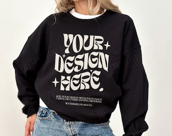 Black Gildan 18000 Mockup Gildan Black Sweatshirt Mockup Black Sweater Mock Sweatshirt Model Mockup Black Gildan Oversized Crewneck Mockups
