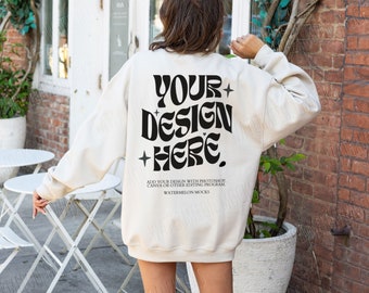 Gildan 18000 Sand Sweatshirt Mockup Back Mockup Oversized Words on Back Sand Hoodie Mockup Model Sand Mockup Trendy Mock Outdoors Aesthetic