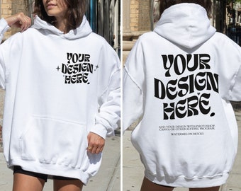 White Hoodie Front Back Mockup Gildan 18500 White Back Mockup Oversized White Mockup Words on Back Street Mockup White 18500 Gildan Hoodie