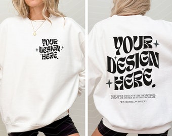 Gildan 18000 Vorne und Hinten Weiß Mockup Vorne Hinten Mockup Weißer Pullover Übergroße Worte auf der Rückseite Mockup Weiß 18000 Gildan Crewneck Trendy