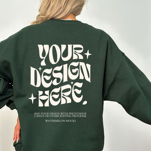 Gildan 18000 Back Green Mockup Green Sweatshirt Back Mockup Oversized Forest Green Hoodie Mockup Model 18000 Gildan Green Mock Crewneck