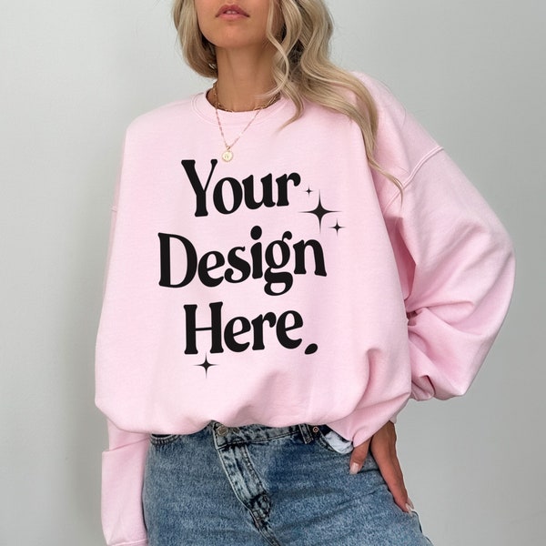 Gildan 18000 Pink Mockup Oversized Light Pink Hoodie Mockup 18000 Gildan Light Pink Mock Crewneck Trendy Mock Outdoor Pink Sweatshirt Mockup