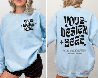 Front and Back Gildan 18000 Light Blue Mockup Blue Sweatshirt Mockup Oversized Sweater Blue Mockup Model Mockup 18000 Gildan Light Blue Mock