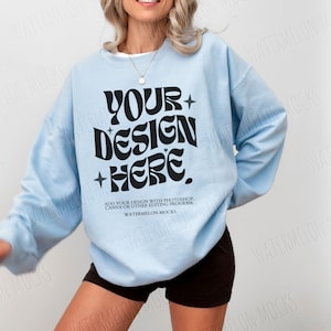 Gildan 18000 Blue Mockup Blue Sweatshirt Mockup Oversized Light Blue Mockup Model Mockup 18000 Gildan Light Blue Mock Crewneck Trendy Mockup