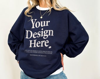 Gildan 18000 Navy Mockup Navy Sweatshirt Mockup Oversized Navy Hoodie Mockup Model 18000 Gildan Navy Mock Crewneck Black Trendy Mock Up