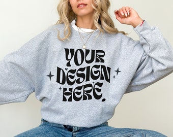 Gildan 18000 Sport Grey Mockup Grey Sweatshirt Mockup Oversized Heather Gray Mockup 18000 Gildan Heather Grey Mock Crewneck Trendy Mockup