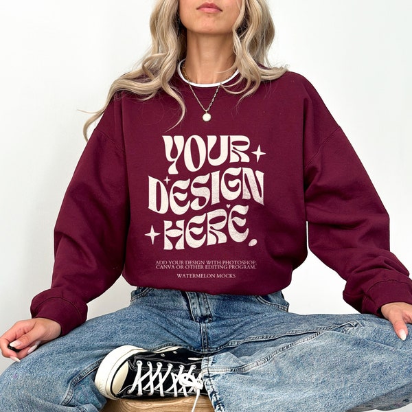 Gildan 18000 Maroon Mockup Maroon Sweatshirt Mockup Oversized Maroon Hoodie Mockup Model 18000 Gildan Maroon Mock Crewneck Trendy Mock Up