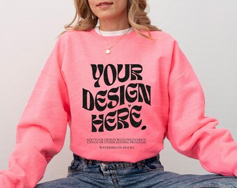 Gildan 18000 Safety Pink Mockup Oversized Sweatshirt Safety Pink Hoodie Mockup 18000 Gildan Valentine's Day Mockup Safety Pink Crewneck Mock