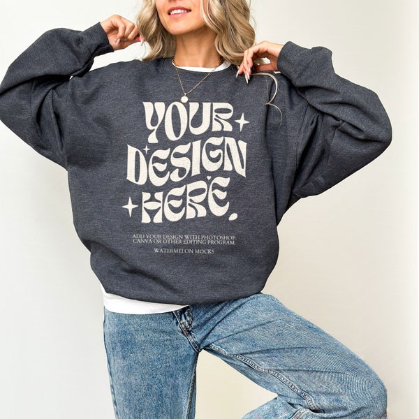 Gildan 18000 Heather Grey Sweatshirt Mockup Oversized Dark Grey Heather Mockup 18000 Gray Gildan Heather Grey Mock Sweater Trendy Mock Grey