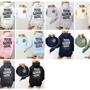Fram- och baksida Gildan 18500 Mockup-paket Fram- och baksida Hoodie Mockup-paket Svartvitt Mockup-tryck på baksidan Stor hoodie Hela butikspaketet bild 3